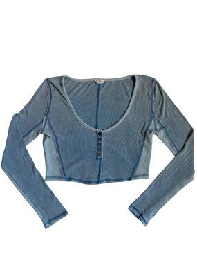 POL Ribbed Thermal Crop Long-Sleeved Shirt (Blue) - Small